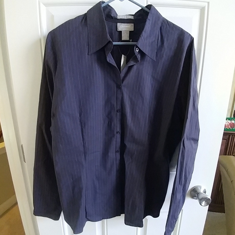 Navy pinstripe button front blouse cotton stretch